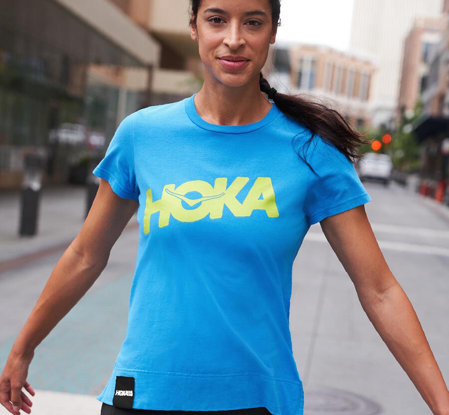 Hoka One One Womens Tee - Brand - Blue - GAYP18290